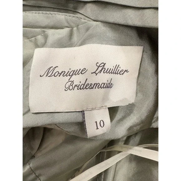 Monique Lhuillier Satin Pleated Sleeveless Halter Dress - Sage Green - Size 10 - Picture 5 of 6